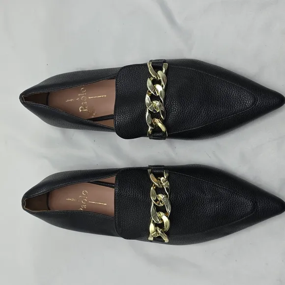 Linea Paolo Horse Bit Gold Chain Pointy Toe Women's Black Leather Flats Size 8