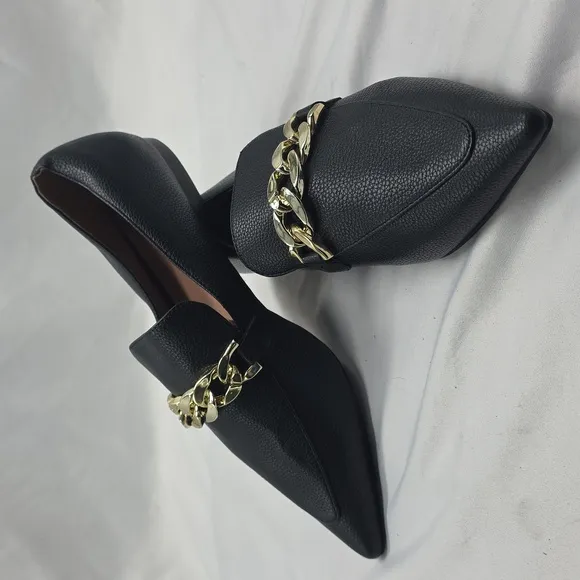 Linea Paolo Horse Bit Gold Chain Pointy Toe Women's Black Leather Flats Size 8