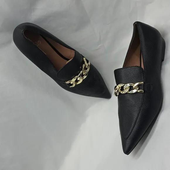 Linea Paolo Horse Bit Gold Chain Pointy Toe Women's Black Leather Flats Size 8