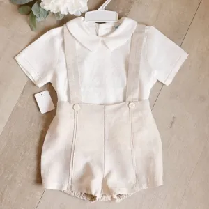 Linen Khaki/Beige Short Suspender Set Off-White Shirt Ring Bearer 12 Months NEW