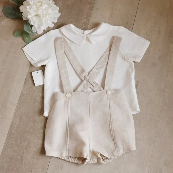 Linen Khaki/Beige Short Suspender Set Off-White Shirt Ring Bearer 12 Months NEW
