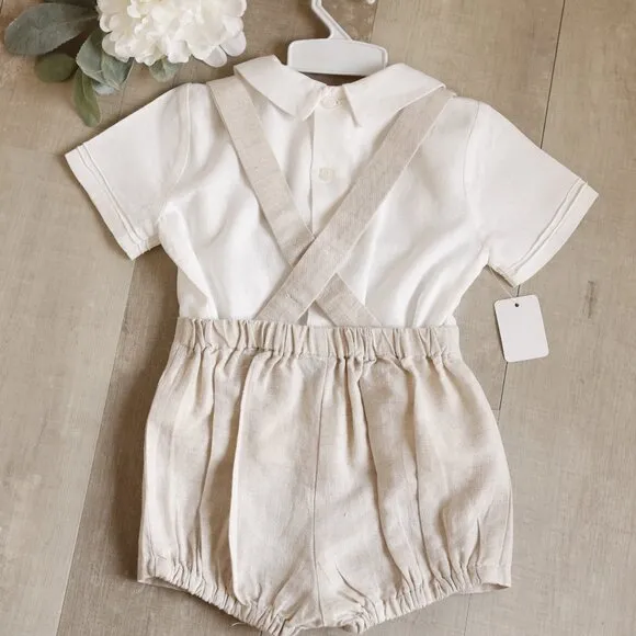 Linen Khaki/Beige Short Suspender Set Off-White Shirt Ring Bearer 12 Months NEW
