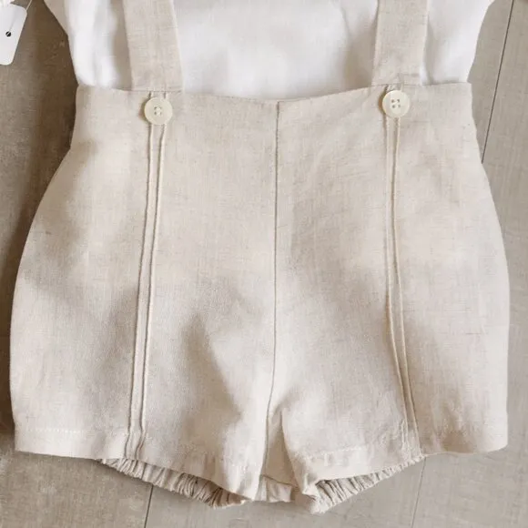 Linen Khaki/Beige Short Suspender Set Off-White Shirt Ring Bearer 12 Months NEW