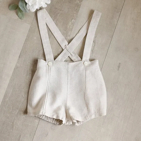Linen Khaki/Beige Short Suspender Set Off-White Shirt Ring Bearer 12 Months NEW