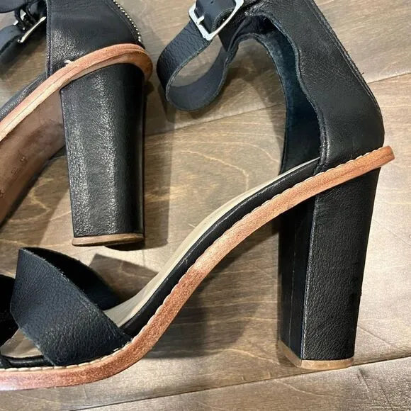 Loeffler Randal Women Ankle Strap 4&quot; Heel Leather Sandals, Black, Size 10M