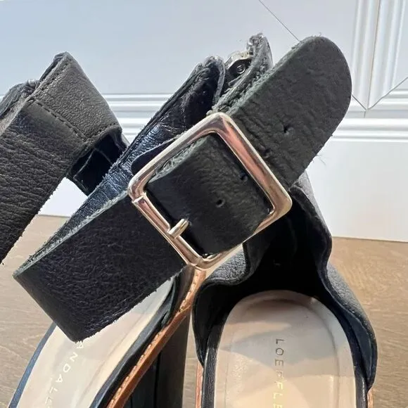 Loeffler Randal Women Ankle Strap 4&quot; Heel Leather Sandals, Black, Size 10M