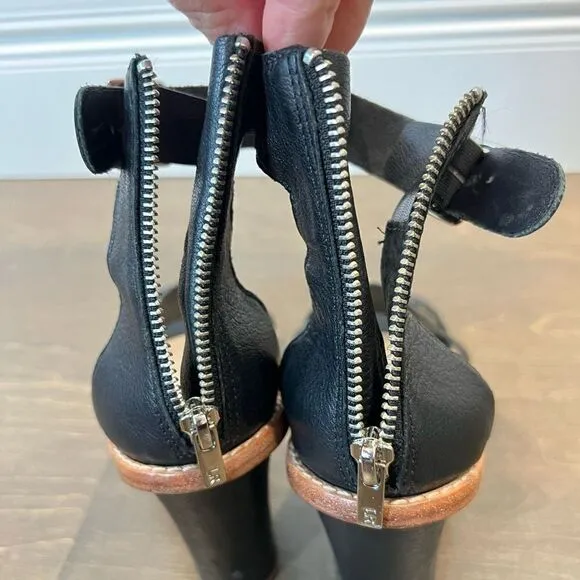 Loeffler Randal Women Ankle Strap 4&quot; Heel Leather Sandals, Black, Size 10M