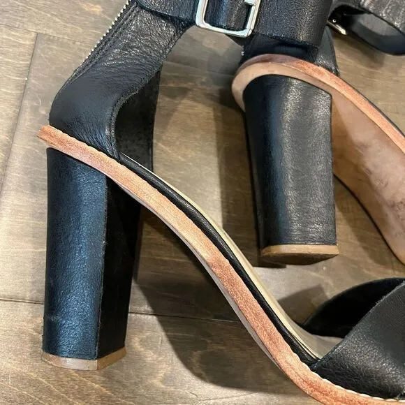 Loeffler Randal Women Ankle Strap 4&quot; Heel Leather Sandals, Black, Size 10M