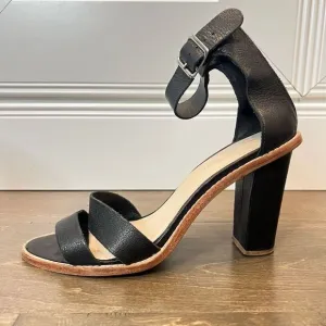 Loeffler Randal Women Ankle Strap 4&quot; Heel Leather Sandals, Black, Size 10M
