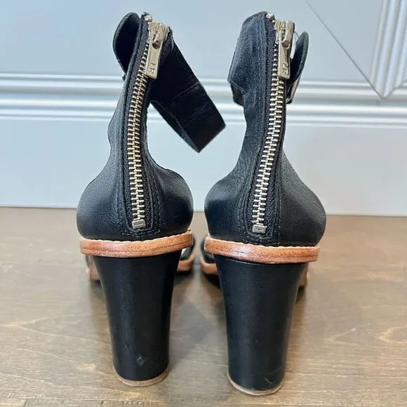 Loeffler Randal Women Ankle Strap 4&quot; Heel Leather Sandals, Black, Size 10M