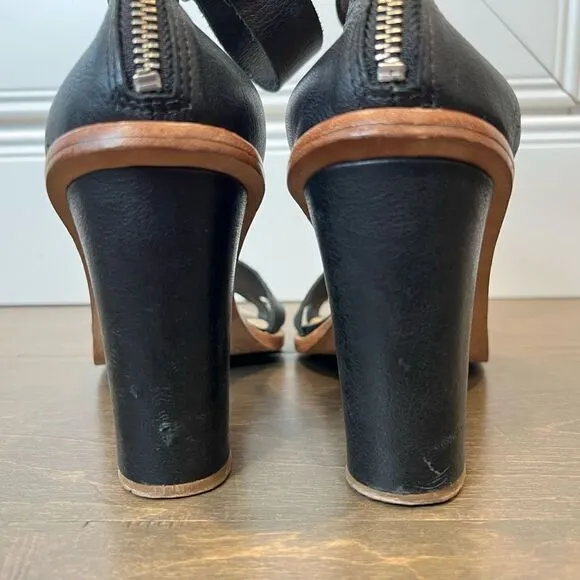 Loeffler Randal Women Ankle Strap 4&quot; Heel Leather Sandals, Black, Size 10M