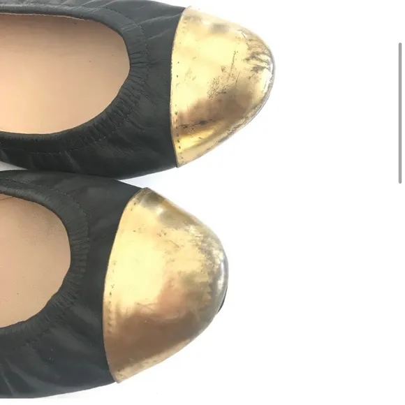 Loeffler Randall | Black and Gold Leather Baller Flats