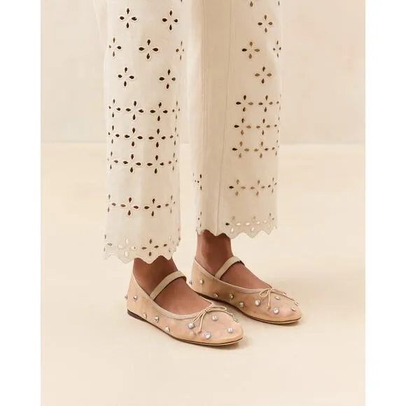 Loeffler Randall Leonie Mesh Crystal Ballet Flats Nude Size 7 Mary Jane