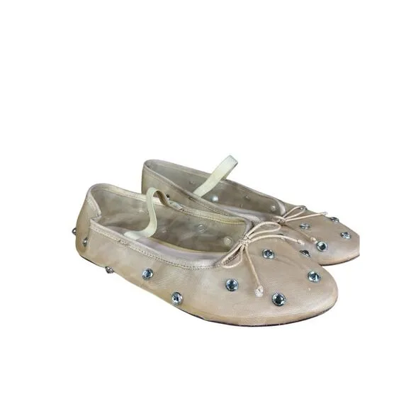 Loeffler Randall Leonie Mesh Crystal Ballet Flats Nude Size 7 Mary Jane
