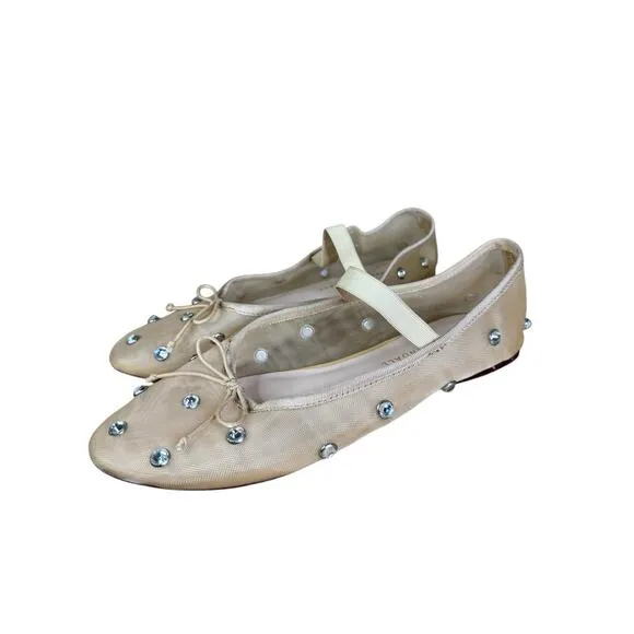 Loeffler Randall Leonie Mesh Crystal Ballet Flats Nude Size 7 Mary Jane