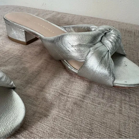 Loeffler Randall Silver Bow Knotted Slip On Leather Block Heel Sandals Sz 5