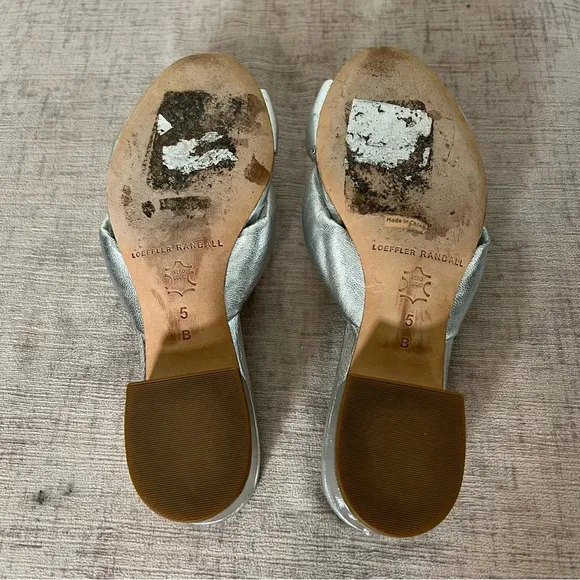 Loeffler Randall Silver Bow Knotted Slip On Leather Block Heel Sandals Sz 5
