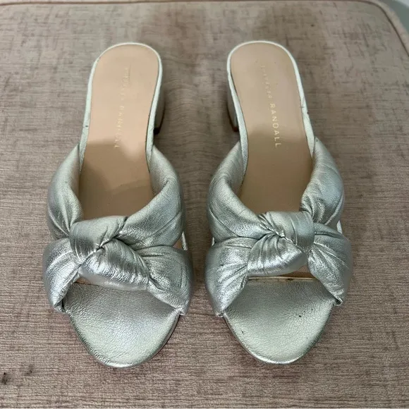 Loeffler Randall Silver Bow Knotted Slip On Leather Block Heel Sandals Sz 5