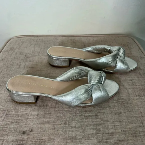 Loeffler Randall Silver Bow Knotted Slip On Leather Block Heel Sandals Sz 5