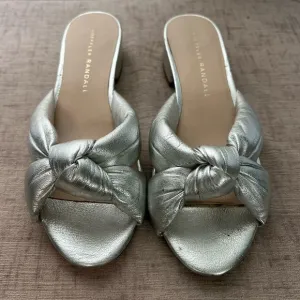 Loeffler Randall Silver Bow Knotted Slip On Leather Block Heel Sandals Sz 5