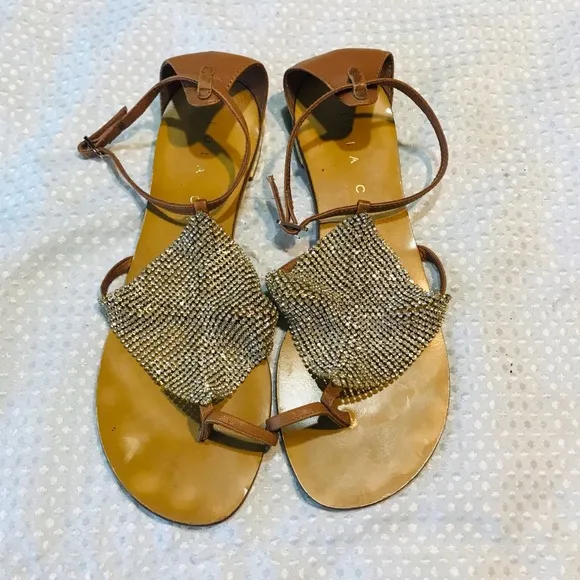 Lola Cruz Leather Crystal Embellishments T-Strap Sandals