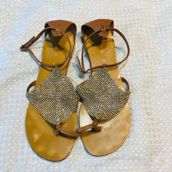 Lola Cruz Leather Crystal Embellishments T-Strap Sandals