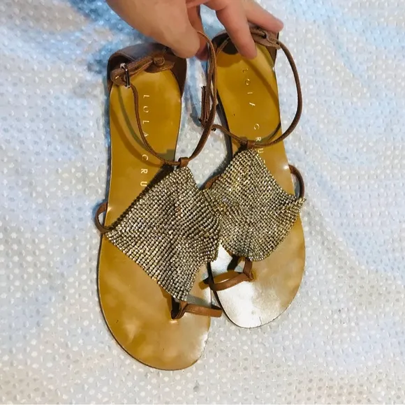 Lola Cruz Leather Crystal Embellishments T-Strap Sandals