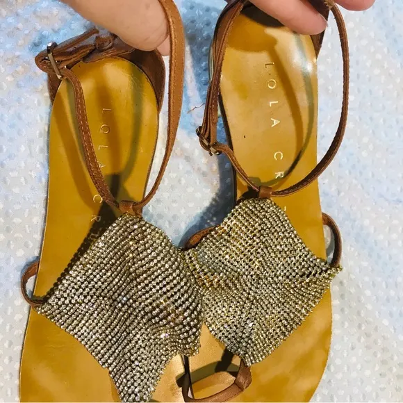 Lola Cruz Leather Crystal Embellishments T-Strap Sandals