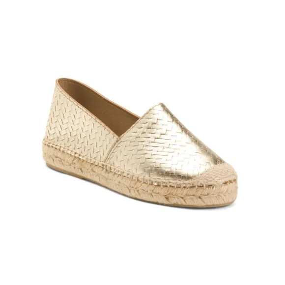 LOLLANS Gold Made In Spain Leather Woven Espadrille Flats