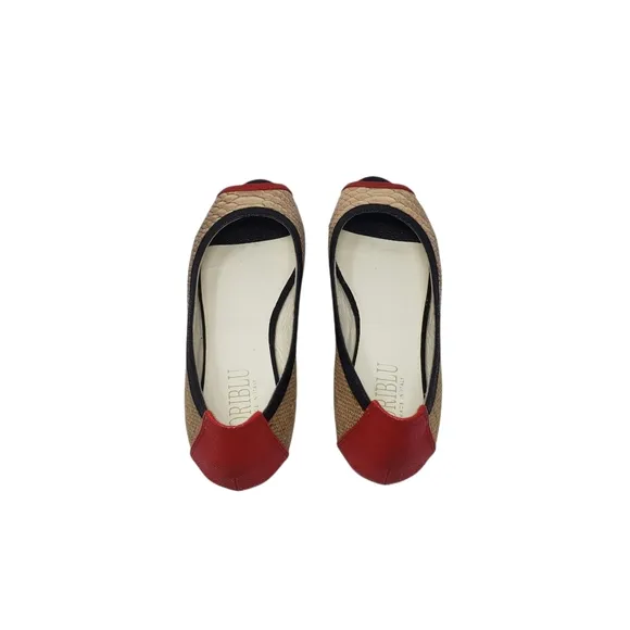 Loriblu Leather Flats Size 37 US 7 Tan Black Red Slip On Peep Toe Made Italy