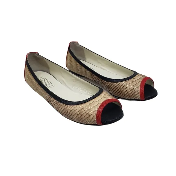 Loriblu Leather Flats Size 37 US 7 Tan Black Red Slip On Peep Toe Made Italy
