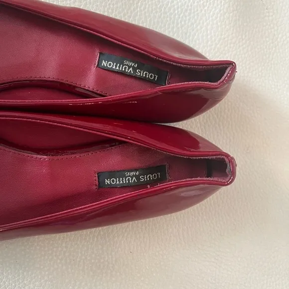 Louis Vuitton Red Patent Ballet Flats Round LV Embellished