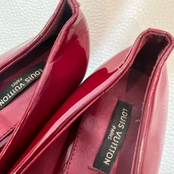 Louis Vuitton Red Patent Ballet Flats Round LV Embellished