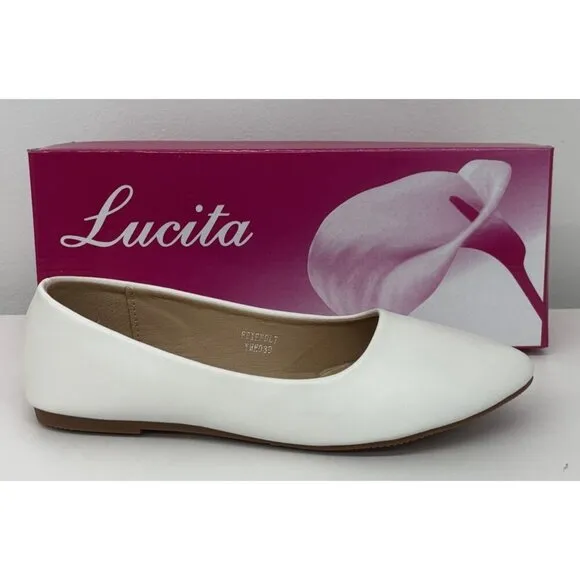 LUCITA / Friendly / White / Pointed Toe / Flats / Faux Leather Slip-On Shoes