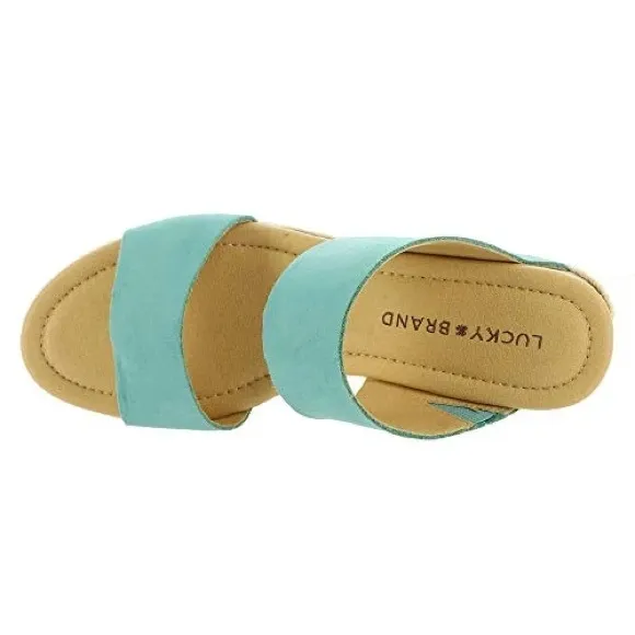 LUCKY BRAND LEATHER WYNTOR WEDGE SANDALS DOUBLE STRAP BRISTOL BLUE NWT SZ 9.5