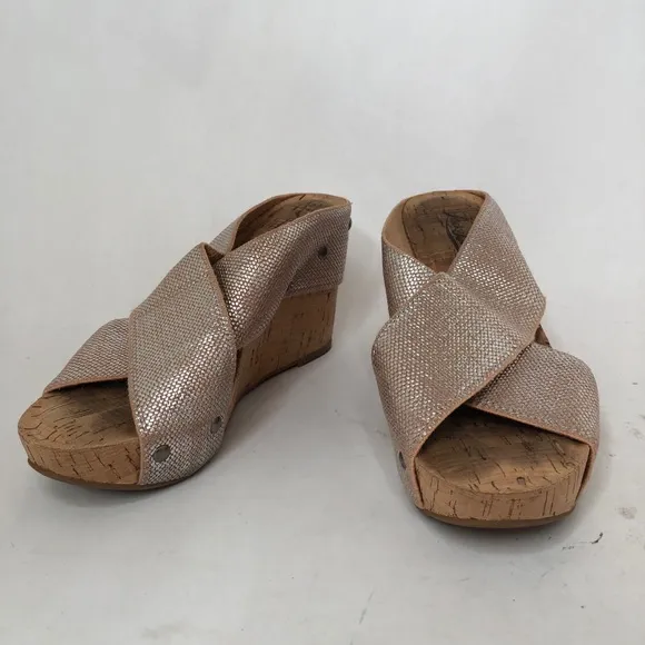 Lucky Brand Miller Cork Wedge Gold &amp; Tan Sandals 6