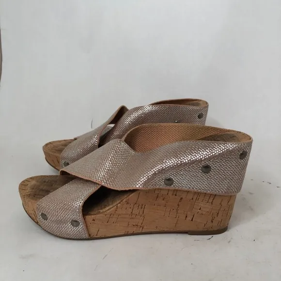 Lucky Brand Miller Cork Wedge Gold &amp; Tan Sandals 6