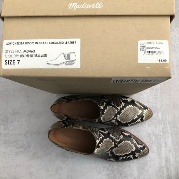 Madewell Low Chelsea Boots Snake Embossed Leather NEW