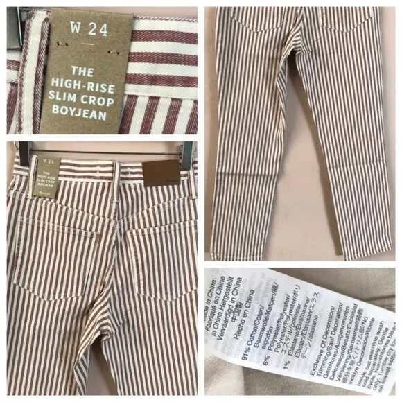 Madewell Red &amp; Cream Striped High-Rise Slim Crop Boy Jean