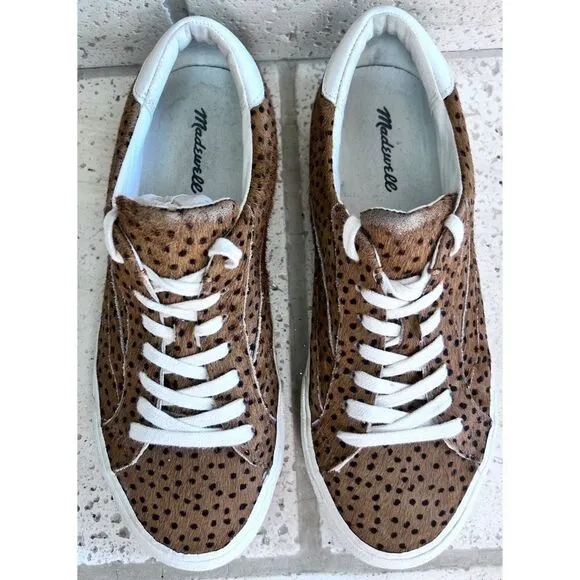 Madewell Sidewalk Low Top Spot Calf Hair Lace Up Sneakers Brwn Blck Sz W 7/M 5.5