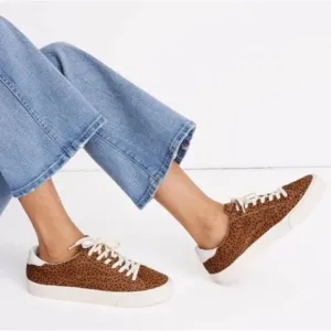 Madewell Sidewalk Low Top Spot Calf Hair Lace Up Sneakers Brwn Blck Sz W 7/M 5.5