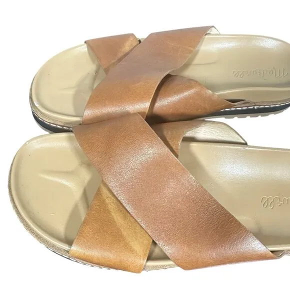 Madewell Women's Leather Slip-On Sandals 7 Tan Cross Strap Flat Comfort Shoes