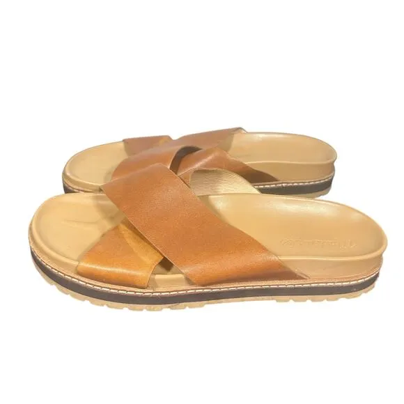 Madewell Women's Leather Slip-On Sandals 7 Tan Cross Strap Flat Comfort Shoes
