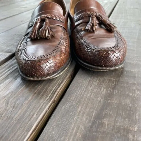 Magnanni Mens 12 M Woven Leather Tassel Loafers Cognac Tobacco Brown Shoes 10929