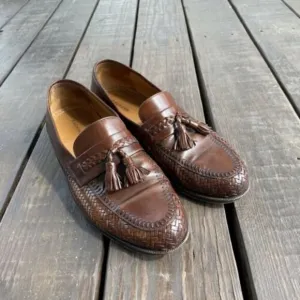 Magnanni Mens 12 M Woven Leather Tassel Loafers Cognac Tobacco Brown Shoes 10929