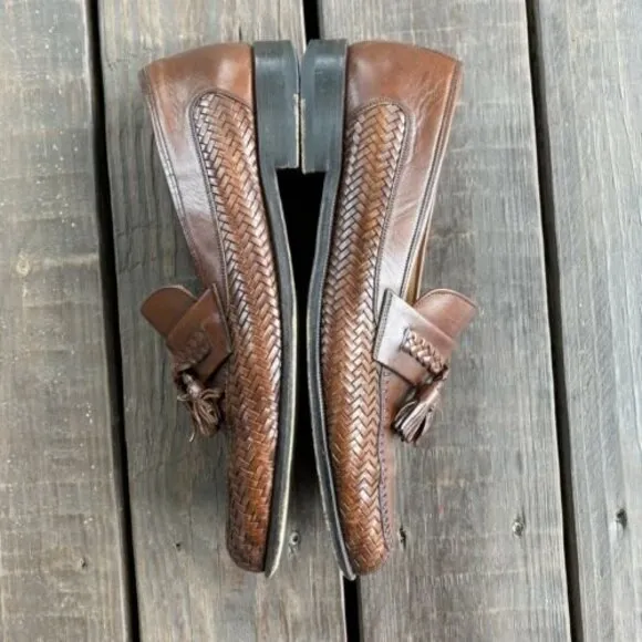 Magnanni Mens 12 M Woven Leather Tassel Loafers Cognac Tobacco Brown Shoes 10929