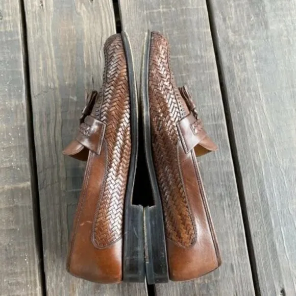 Magnanni Mens 12 M Woven Leather Tassel Loafers Cognac Tobacco Brown Shoes 10929
