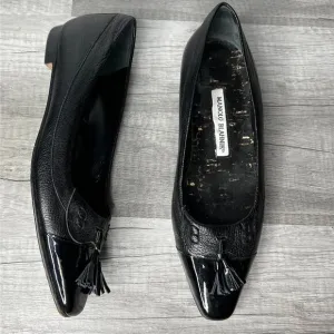 Manolo Blahnik Black Leather Cap Toe Tassel Flats Size 37