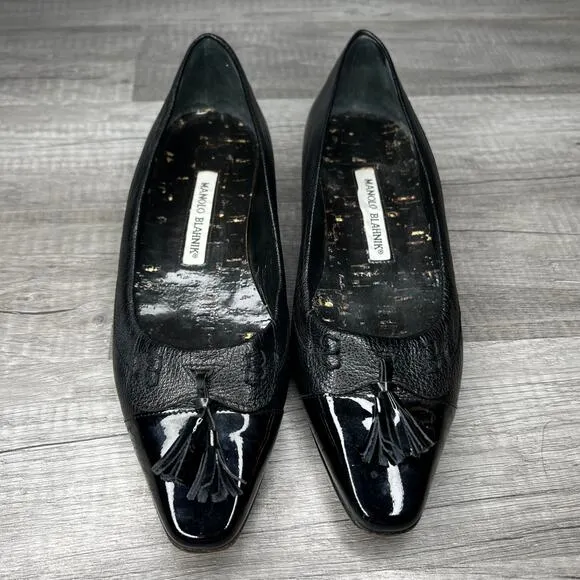 Manolo Blahnik Black Leather Cap Toe Tassel Flats Size 37
