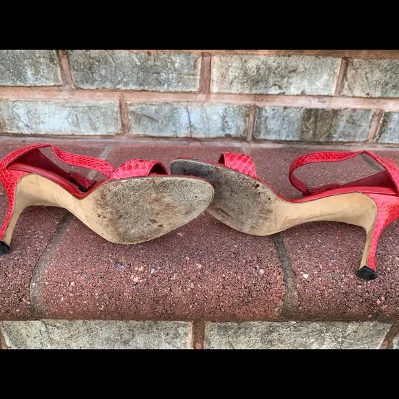 Manolo Blahnik Red Snakeskin Heeled Sandals
